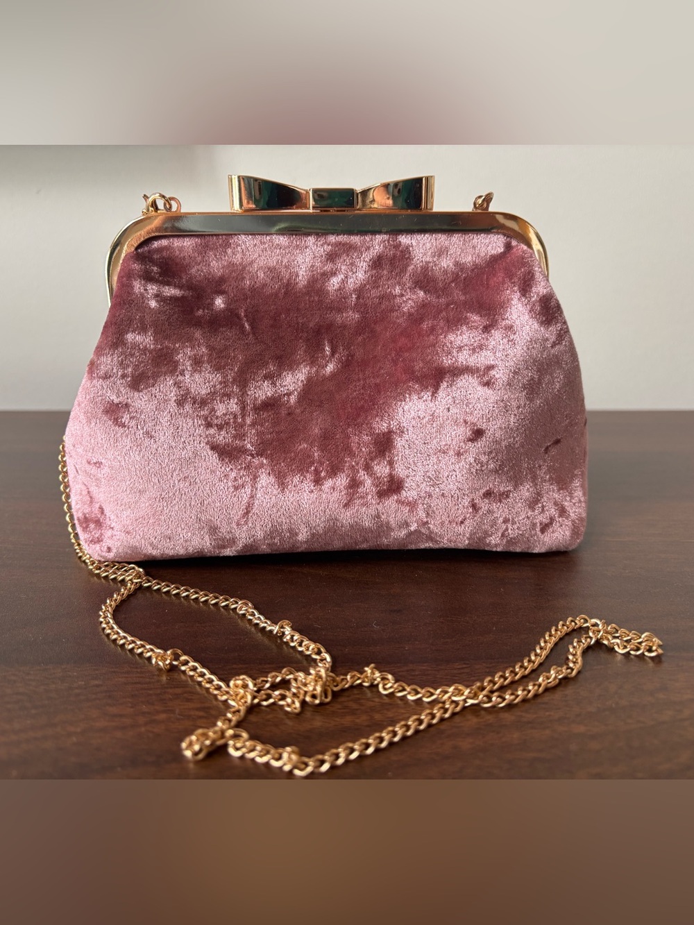 Velvet Bow-Top Crossbody Clutch - Dusty Rose with  detachable shoulder chain
